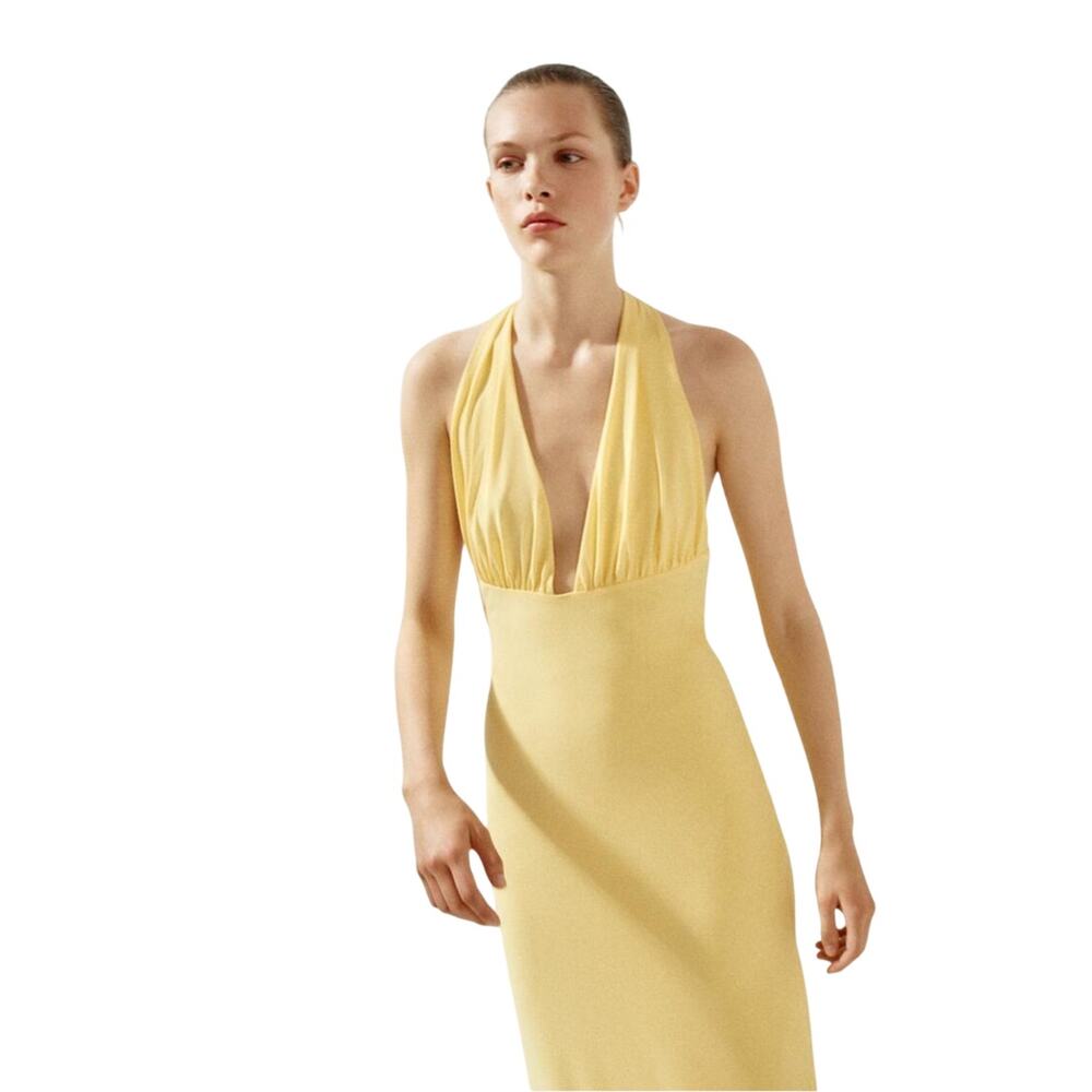 Nwt ZARA Light Yellow Halter Top Maxi Dress with Long Scarf Neck TieBack Size M - Picture 4 of 9
